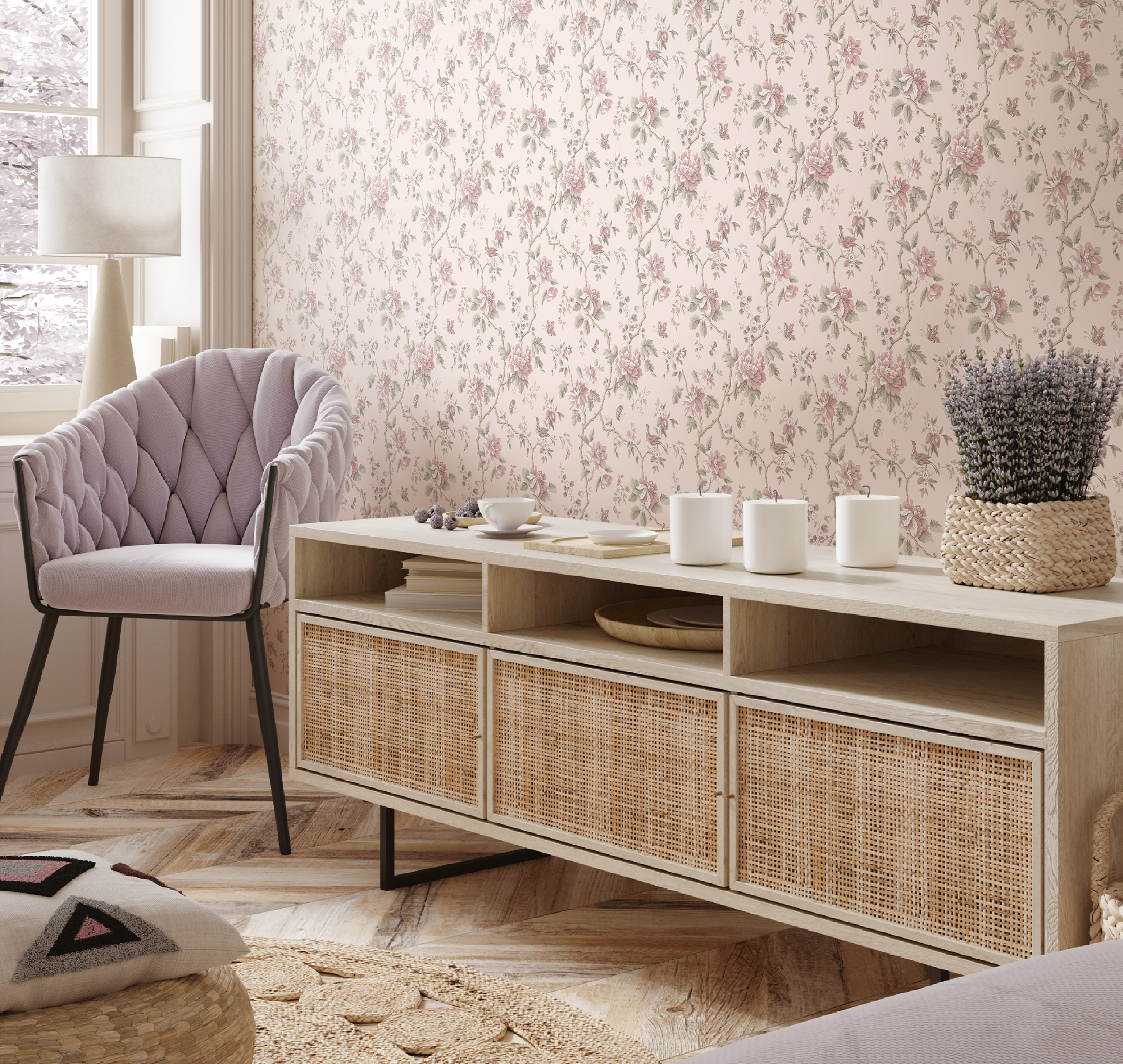 Обои Loymina Шелковый путь Шинуазри: Дикая роза SLK2 007 10,05×1 фото в интерьере